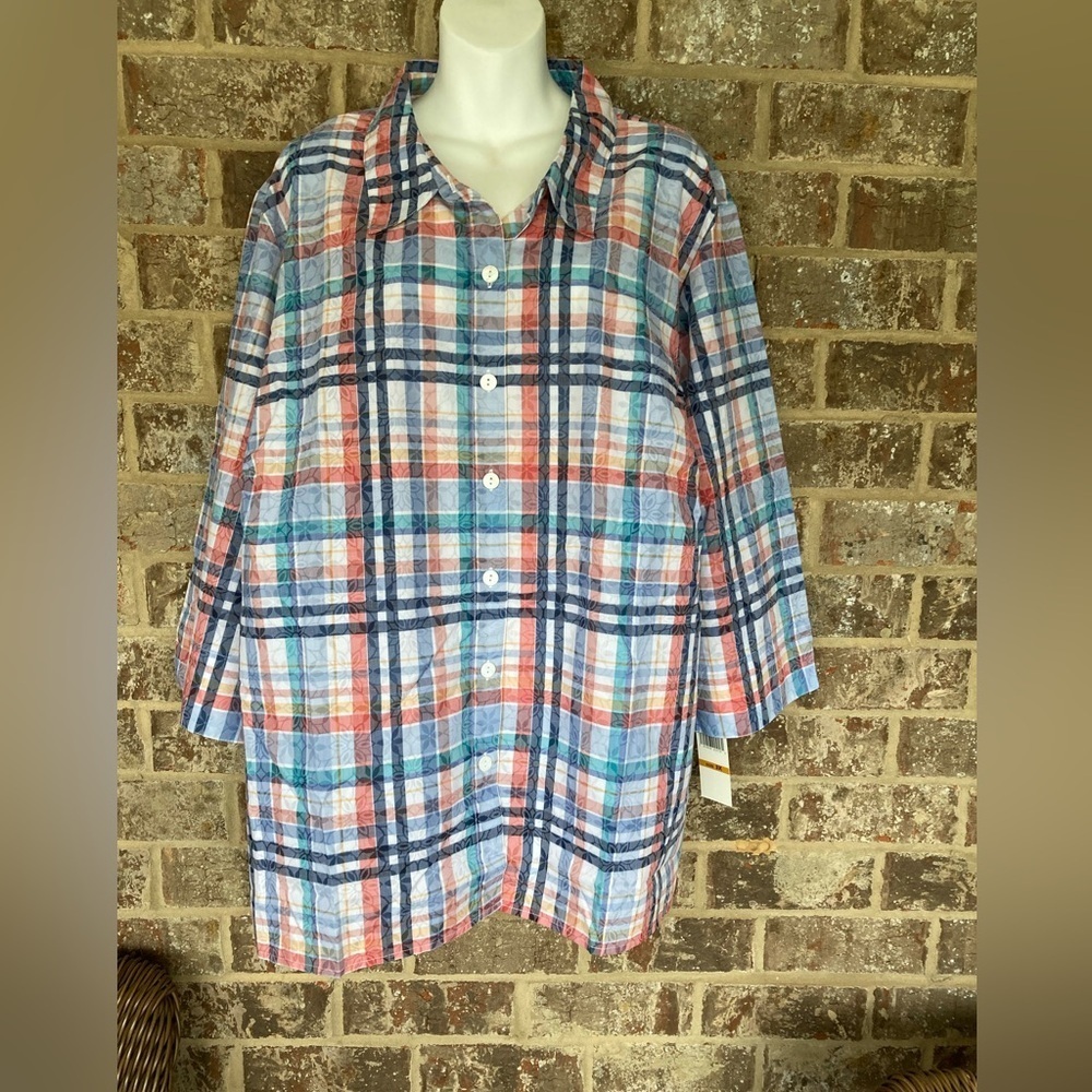 Alfred Dunner Plaid Button Down Shirt New With Tags 3/4 sleeves Size 3X